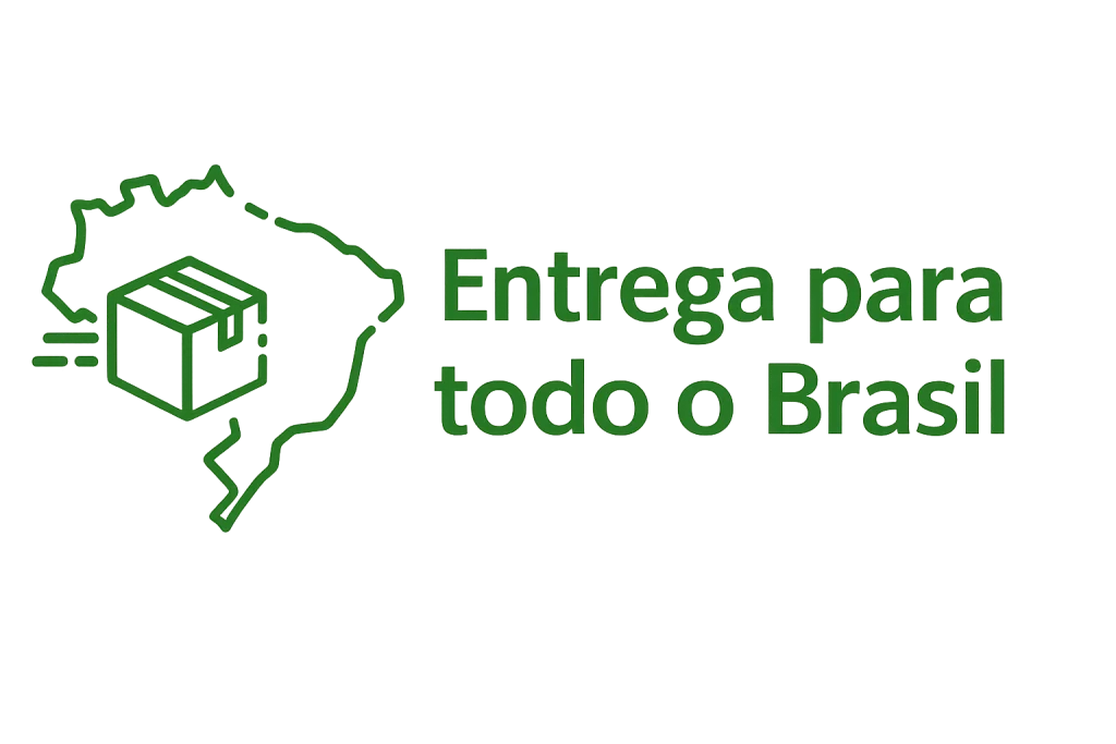 Ilustração do contorno do mapa do Brasil acompanhada de ícone de pacote com linhas de movimento, simbolizando envio rápido. Ao lado, texto em português “Entrega para todo o Brasil” indica disponibilidade de serviço de entrega em todo o território nacional.