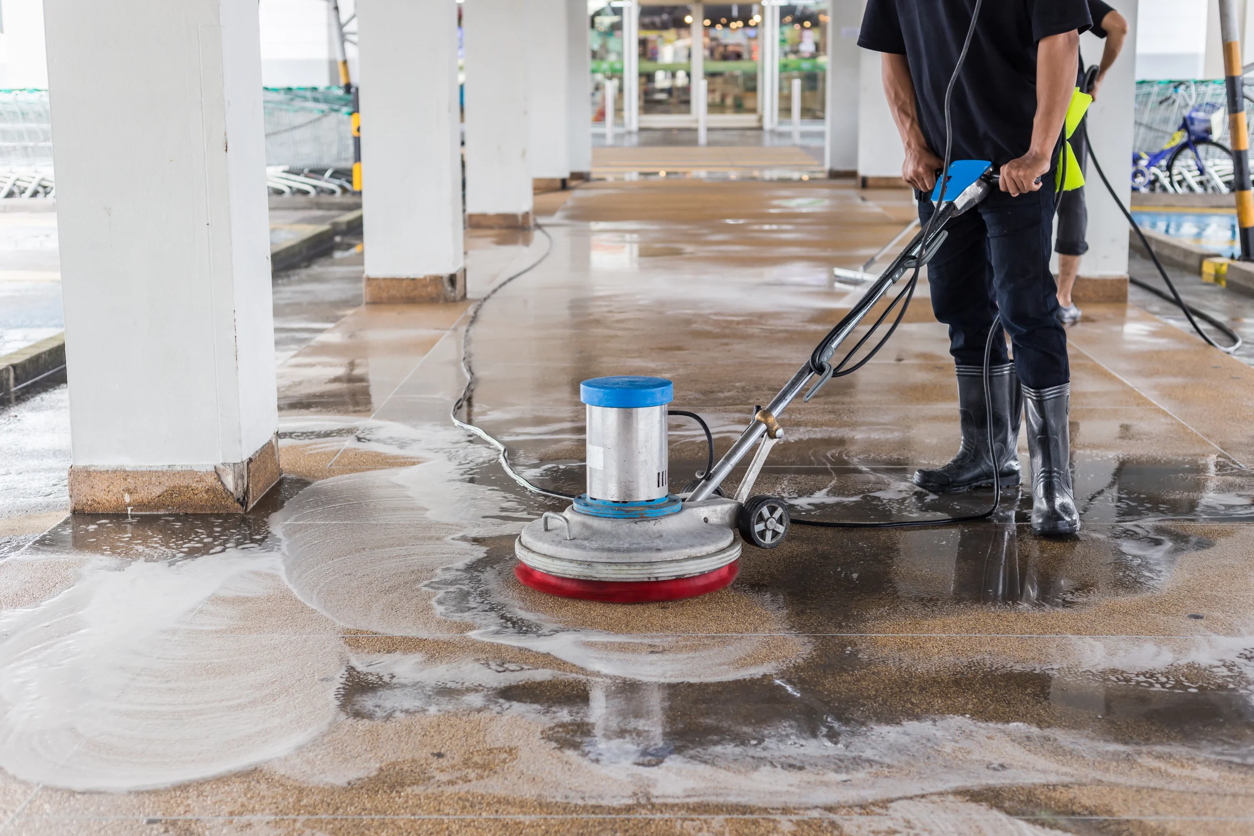 Trabalhador com roupas escuras e botas de borracha utiliza máquina elétrica de limpeza com escova circular vermelha em piso molhado coberto de espuma. O local é uma área coberta com colunas brancas, acesso a estacionamento com bicicletas e entrada de edifício, destacando manutenção de espaços públicos.