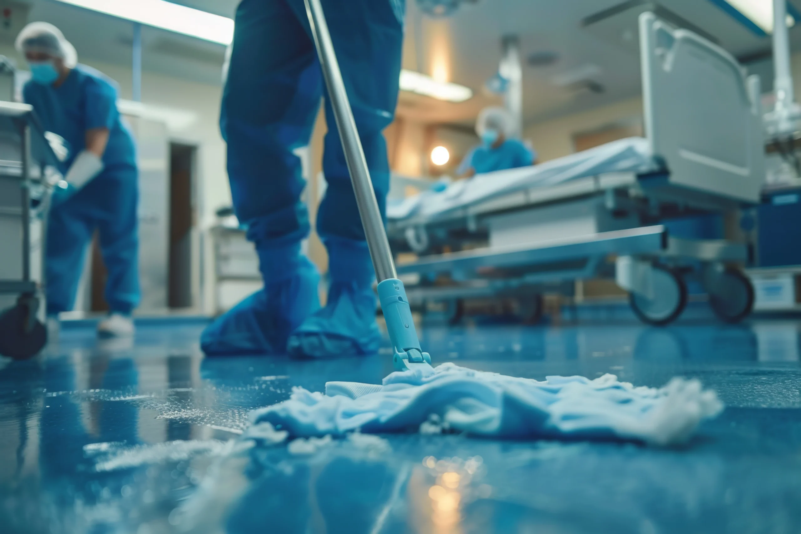 Profissional de saúde usando máscara, avental azul e protetores de calçado realiza limpeza com mop em piso azul brilhante de hospital. Ao fundo, outros funcionários em trajes semelhantes e um leito hospitalar com equipamentos reforçam o contexto de higiene e segurança sanitária.